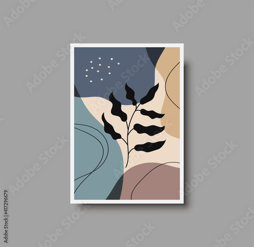 Botanical wall art abstract vector. Foliage line drawing. Neutral boho art print. Minimal mid century wall art print for bedroom decor. Gallery decor poster, terracota watercolor for bohemian interior