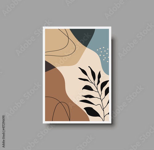 Botanical wall art abstract vector. Foliage line drawing. Neutral boho art print. Minimal mid century wall art print for bedroom decor. Gallery decor poster, terracota watercolor for bohemian interior