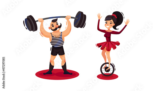 Man and Woman as Circus Artists and Acrobats Lifting Heavy Barbell and Balancing on Wheel Vector Set