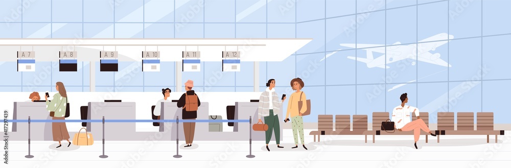 Scene with people during registration at airport counter check-in. Panorama of air terminal interior with tourists. Colored flat cartoon vector illustration of passengers waiting for plane departure Scene with people during registration at airport counter check-in. Panorama of air terminal interior with tourists. Colored flat cartoon vector illustration of passengers waiting for plane departure