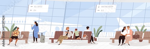 Passengers at waiting room in international airport. Modern air terminal interior with window and seats. Colored flat cartoon vector illustration of people sitting in chairs in lounge area