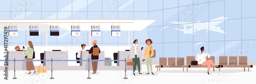 Scene with people during registration at airport counter check-in. Panorama of air terminal interior with tourists. Colored flat cartoon vector illustration of passengers waiting for plane departure