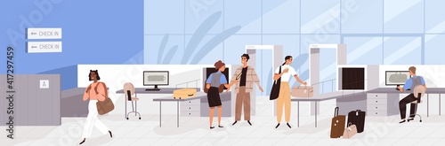 Airport guards checking and controlling people and baggage with security x-ray scanners. Border officers scanning tourists and inspecting luggage at terminal. Colored flat cartoon vector illustration