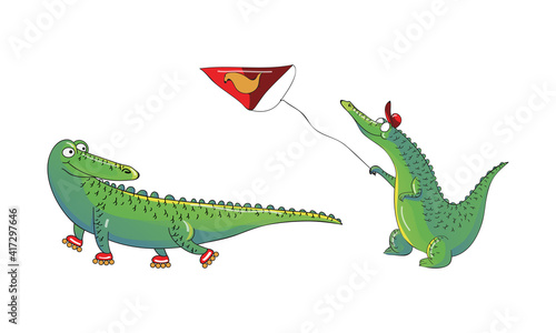 Cartoon Crocodile Roller Skating and Flying Toy Kite Vector Set © Happypictures