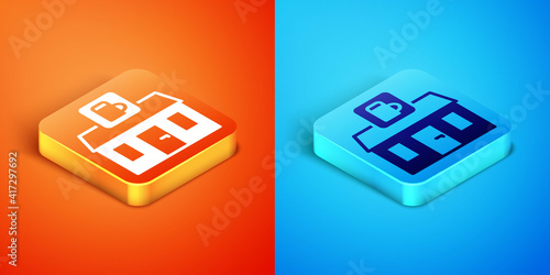 Isometric Store building of beer shop icon isolated on orange and blue background. Brewery sign. Vector.