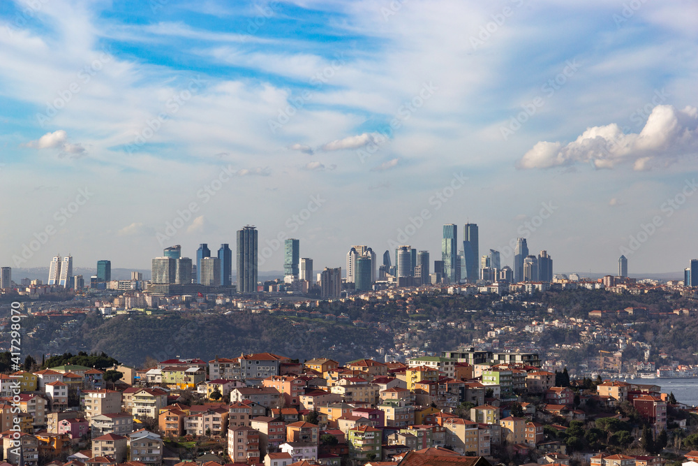 Panorama of european part of Istanbul with Bosphorus. Big city with skyscrapers.Turkey.