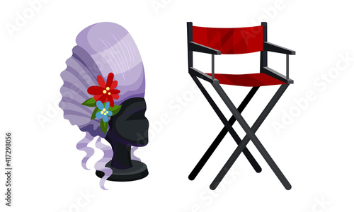 Dressing Room Items with False Hair and Stool Vector Set