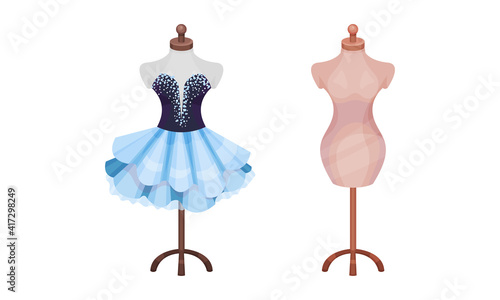 Dressing Room Items with Body Mannequin on Wooden Stand and Dress Vector Set