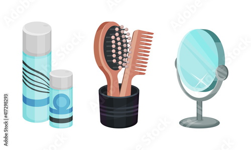 Wooden Hair Brush and Comb with Mirror Vector Set.