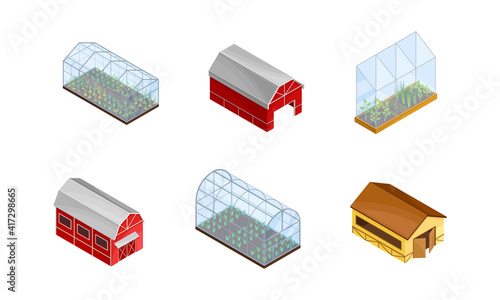 Barn House and Green House with Crops Growing as Agricultural and Farming Industry Vector Isometric Set