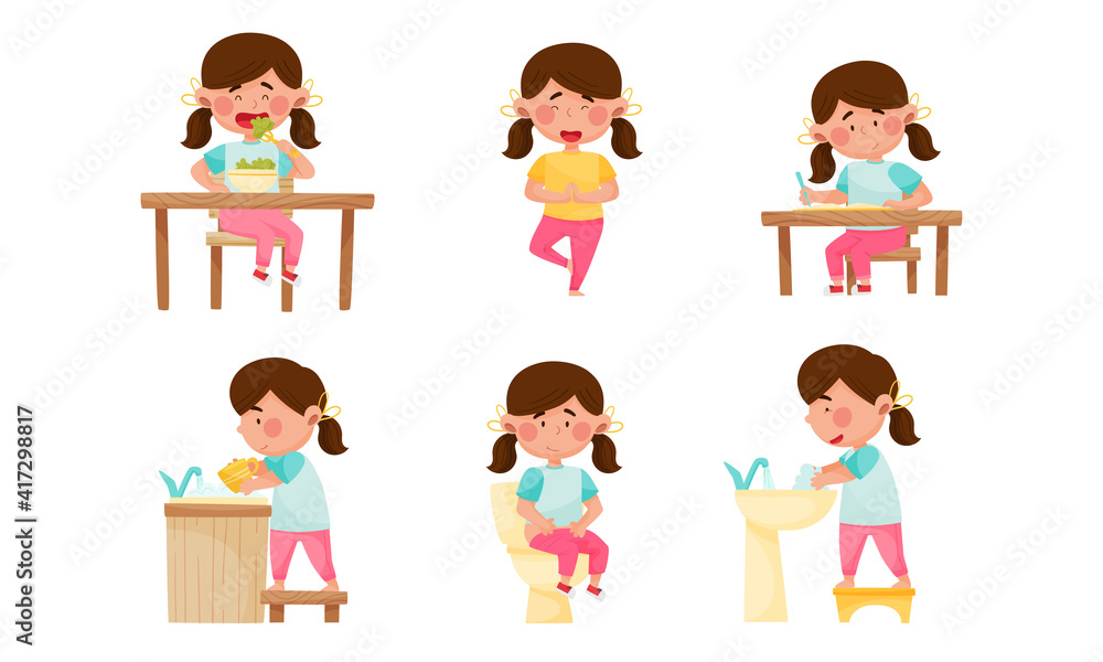 Cute Girl Character Eating Broccoli for Breakfast, Doing Yoga and Washing Dishes Vector Set Cute Girl Character Eating Broccoli for Breakfast, Doing Yoga and Washing Dishes Vector Set