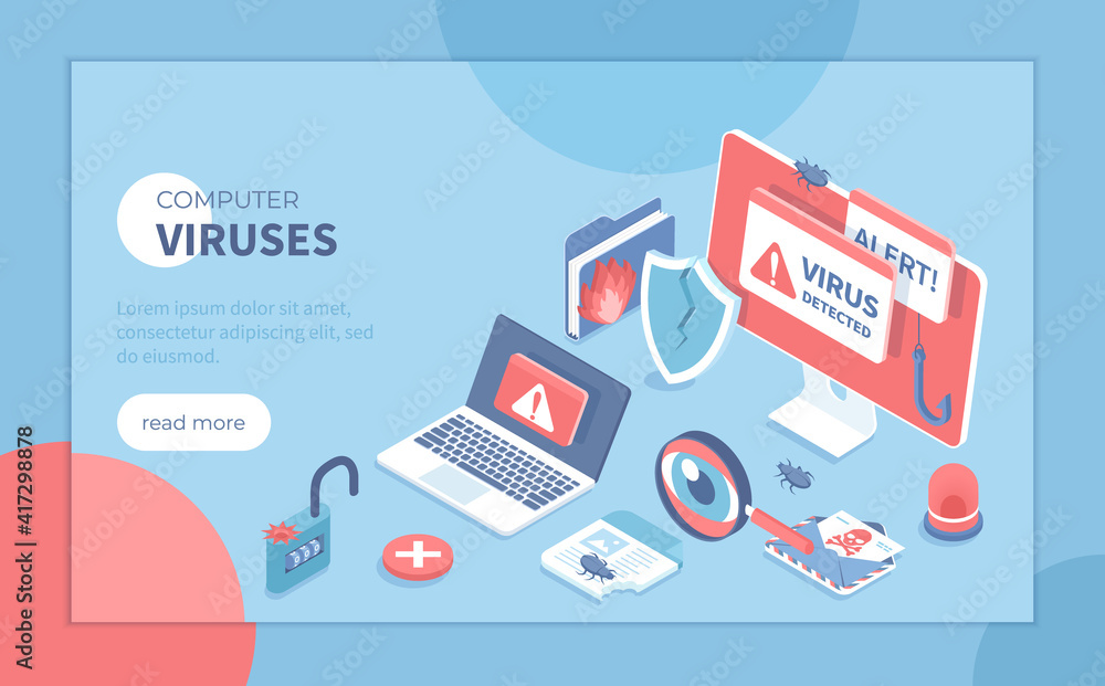 Computer Viruses. Errors detected, alert messages, bugs, open lock, infected files, broken shield. Monitor and laptop with alert messages. Isometric vector illustration for banner, website. Computer Viruses. Errors detected, alert messages, bugs, open lock, infected files, broken shield. Monitor and laptop with alert messages. Isometric vector illustration for banner, website.
