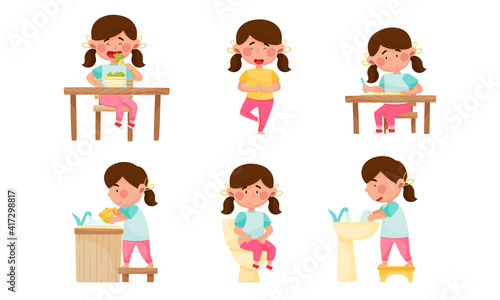 Cute Girl Character Eating Broccoli for Breakfast, Doing Yoga and Washing Dishes Vector Set © Happypictures