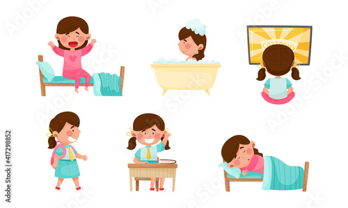 Cute Girl Character Waking Up in the Morning, Bathing, Watching Cartoons and Going to School with Backpack Vector Set