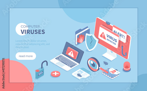 Computer Viruses. Errors detected, alert messages, bugs, open lock, infected files, broken shield. Monitor and laptop with alert messages. Isometric vector illustration for banner, website.