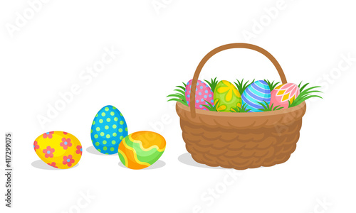 Decorated Easter Egg in Wicker Basket and Scattering Around as Holiday Symbols Vector Set