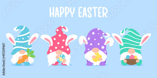 Cute gnomes wearing bunny ears hold carrots and colorful eggs in Easter. Isolated on background