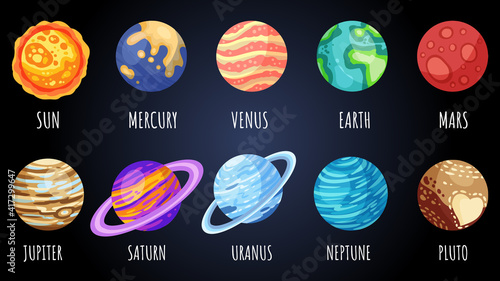 Set of cartoon planets, stars and satellites. Cosmos theme collection. Solar system outer space planets children icons. Vector images