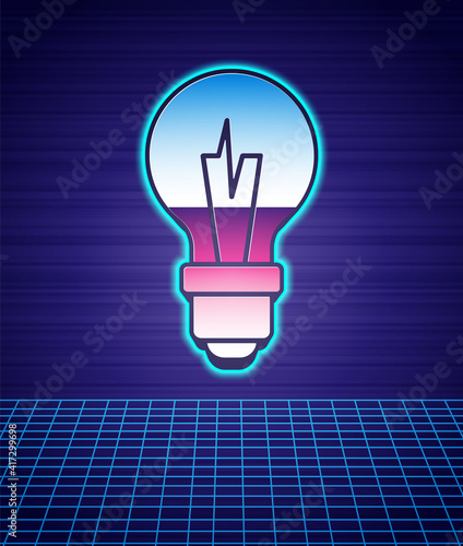 Retro style Light bulb with concept of idea icon isolated futuristic landscape background. Energy and idea symbol. Inspiration concept. 80s fashion party. Vector.