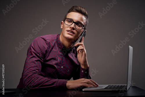 Business man in shirt working desk laptop office manager