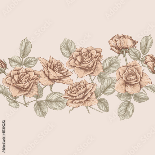 Seamless pattern with roses flowers. Colored vector illustration. In beige vintage colors