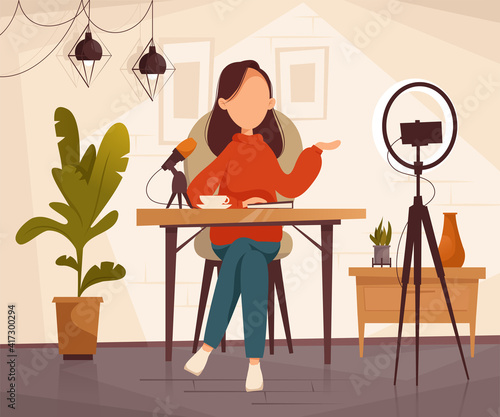 Podcast, vlogger or blogger create internet content. Vector flat illustration. Character creating video for blog or vlog review.