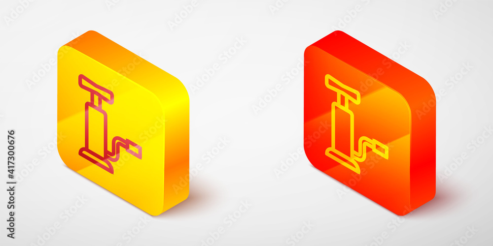 Isometric line Car air pump icon isolated on grey background. Yellow and orange square button. Vector. Isometric line Car air pump icon isolated on grey background. Yellow and orange square button. Vector.