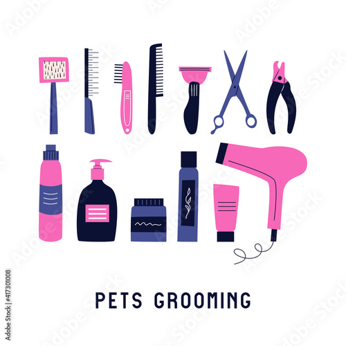 Set of different hairdressing supplies. Vector illustration with equipment for pet care. Tools for washing  brushing  drying  grooming