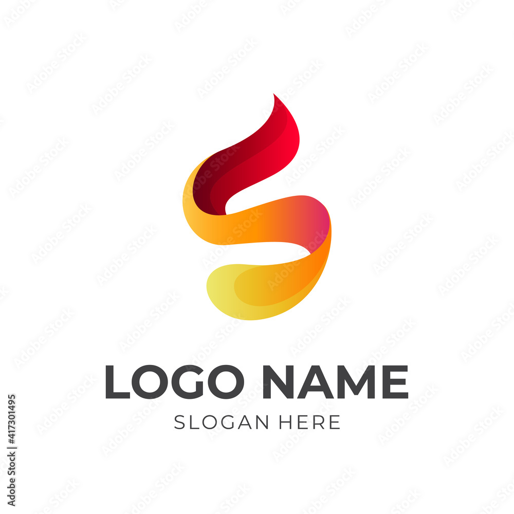 letter S fire logo, letter S and fire, combination logo with 3d yellow and red color style