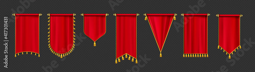 Red pennant flags mockup, blank hanging banners with golden tassels, rounded, concave, pointed and double edges. Medieval heraldic ensign templates, canvas. Realistic 3d vector icons isolated set photo