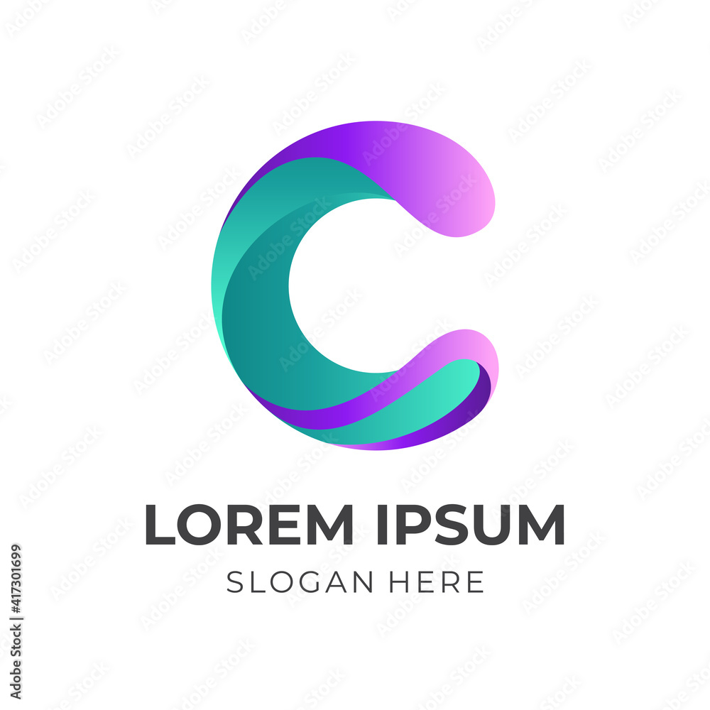 letter C logo template with 3d purple and green color style letter C logo template with 3d purple and green color style