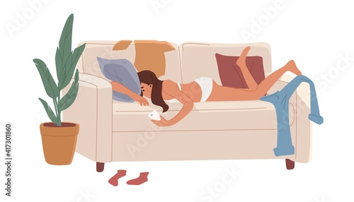 Lazy and depressed young woman lying on couch at home. Sad and apathetic character resting on sofa and surfing internet with mobile phone. Flat vector illustration isolated on white background
