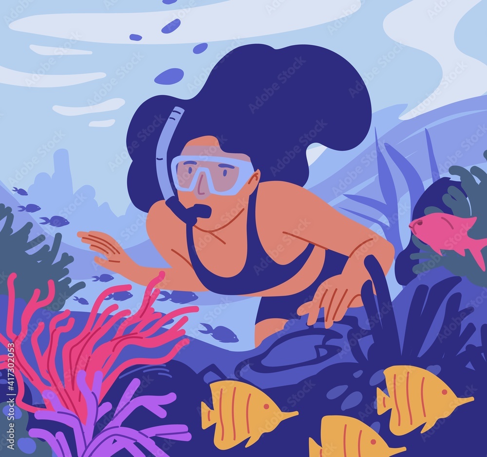 Young woman in diving mask with snorkel swimming and observing coral reef and fishes at sea bottom. Underwater swimmer watching colorful marine fauna. Flat vector illustration with female diver