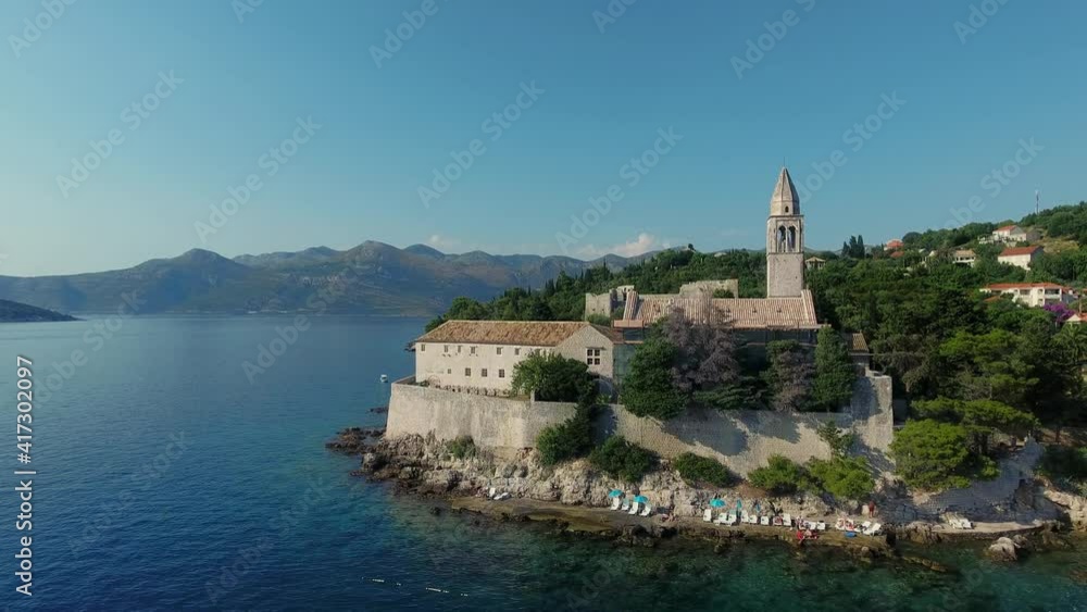 Reverse shooting from helicopter amazing medieval castle touristic city village natural seascape Reverse shooting from helicopter amazing medieval castle touristic city village natural seascape