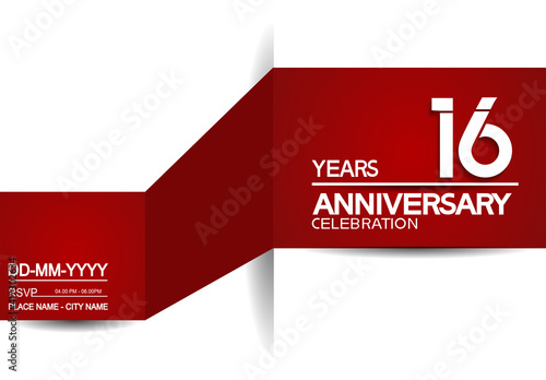 16 years anniversary design vector with red and white background for celebration moment