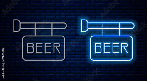 Glowing neon line Street signboard with inscription Beer icon isolated on brick wall background. Suitable for advertisements bar, cafe, pub, restaurant. Vector.