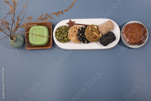 Korean holiday food, korean traditional sweets and snacks. photo