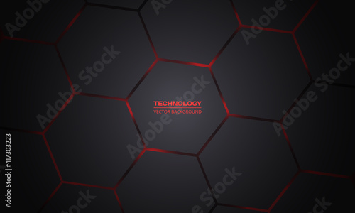 Dark red and gray hexagonal technology vector abstract background. Red bright energy flashes under hexagon in modern technology futuristic background vector illustration. Dark gray honeycomb texture.