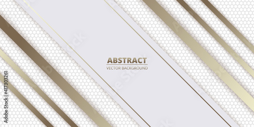 White abstract background with light hexagon carbon fiber and golden diagonal lines. Futuristic luxury modern light geometric backdrop.
