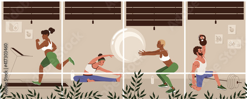 Different young people exercising at modern gym. Healthy lifestyle, fitness concept. Men and women do physical exercises. Flat vector illustration