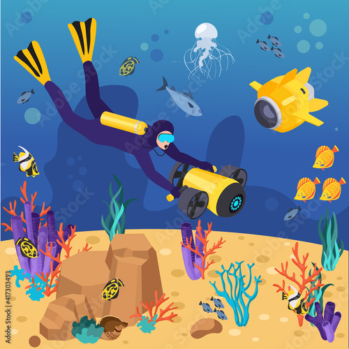 Underwater Vehicles Machines Equipment Isometric Composition