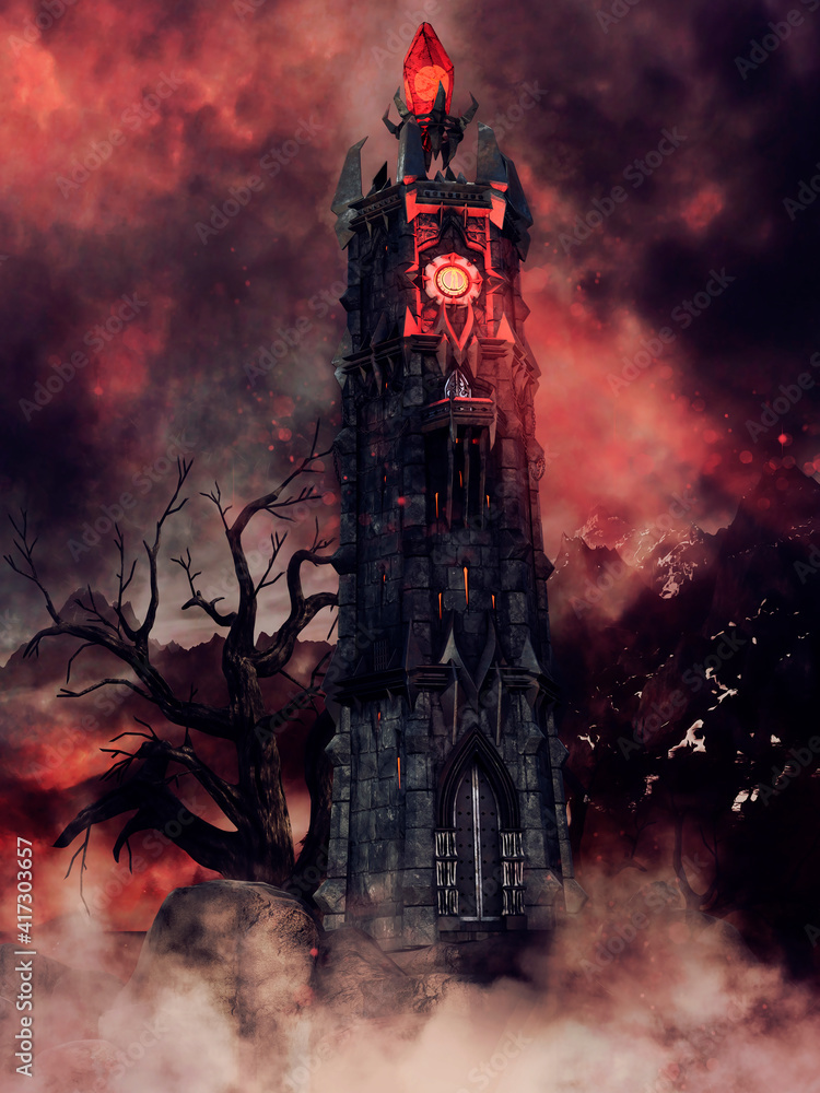 Fantasy Landscape With A Dark Tower With A Red Crystal On Top Of It 3d Render Stock イラスト Adobe Stock