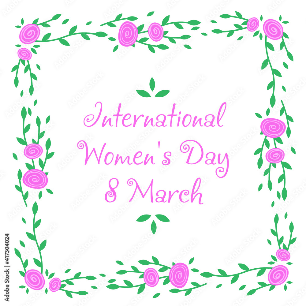 Delicate, vector, isolated, blooming roses for ladies. Frame made from plants. March 8. International Women's Day. Wedding day. For printing, fabrics, textiles, cards, invitations, wrappers Delicate, vector, isolated, blooming roses for ladies. Frame made from plants. March 8. International Women's Day. Wedding day. For printing, fabrics, textiles, cards, invitations, wrappers