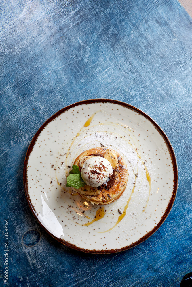 pancakes with ice cream and mint