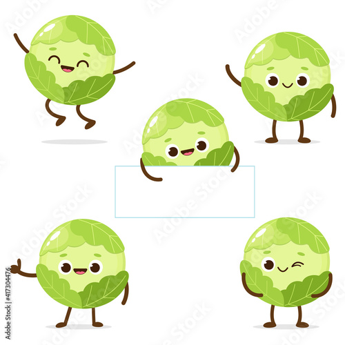 Cartoon cute green cabbage characters with banner