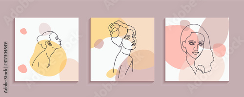 Abstract set of woman face hand drawn line art illustration. one line drawing