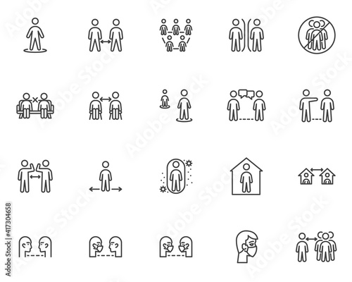 Social distancing line icons set. linear style symbols collection, outline signs pack. Physical distancing vector graphics. Set includes icons as keep your distance, stay home, coronavirus prevention