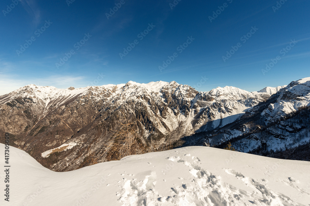 Winter landscape with snow of the Monte Carega, also called the Small Dolomites (Piccole Dolomiti) from the Altopiano della Lessinia (Lessinia Plateau). Veneto and Trentino Alto Adige, Italy, Europe.