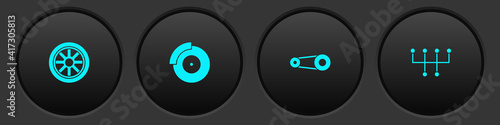 Set Car wheel, brake disk with caliper, Timing belt kit and Gear shifter icon. Vector.