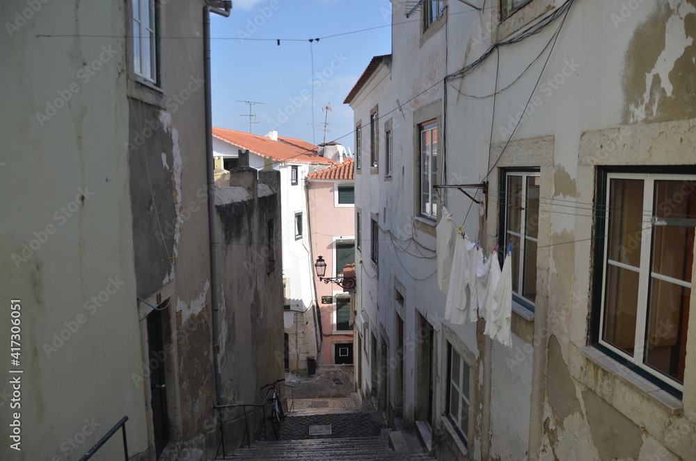 The beautiful residential area of Lisbon, with old buildings and quite street.